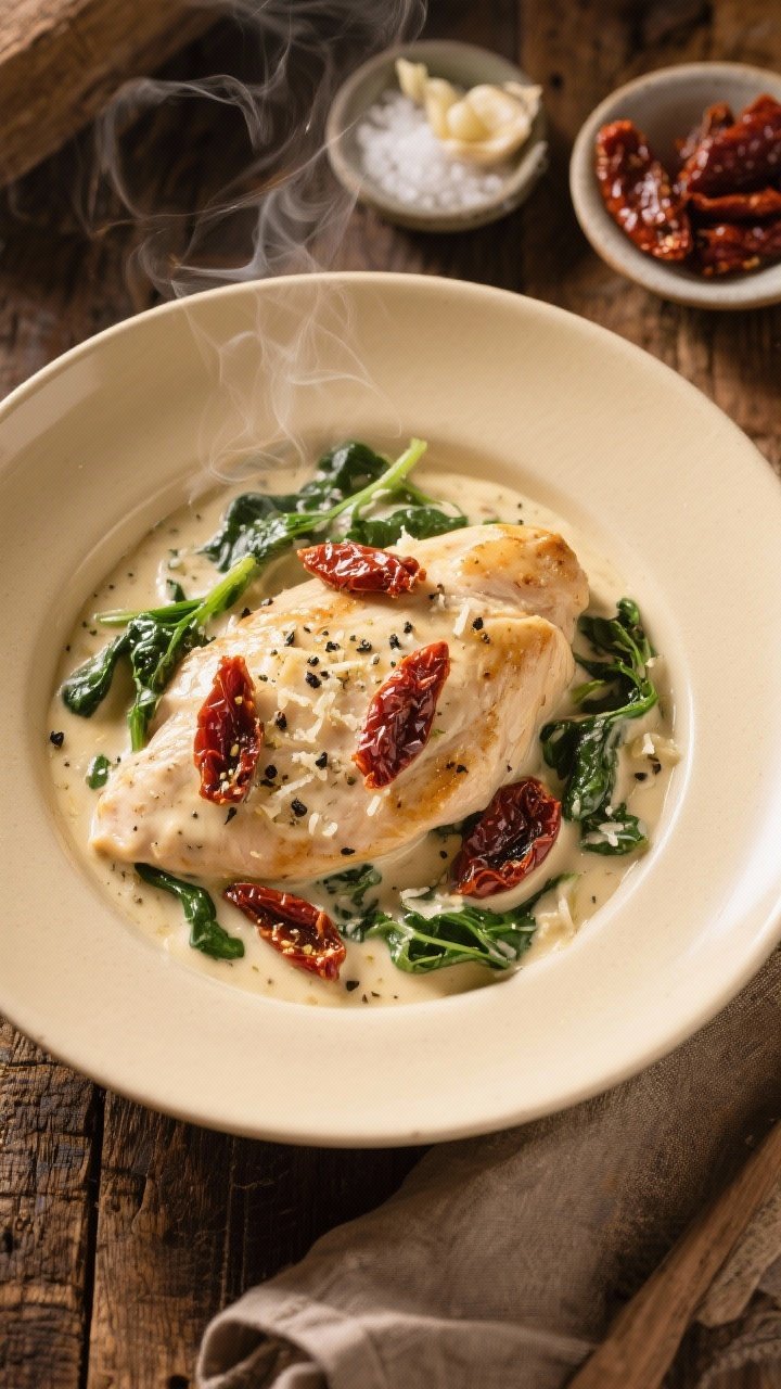 Overhead shot of Creamy Tuscan Chicken just plated in a shallow cream-colored bowl: tender boneless chicken breasts in a silky garlic-Parmesan cream sauce studded with oil-packed sun-dried tomatoes and wilted spinach, flecks of Italian seasoning and cracked black pepper visible, sauce gloss catching light; styled on a rustic wooden table with a small dish of kosher salt, minced garlic, and extra sun-dried tomatoes nearby; warm, cozy Italian mood, steam rising.