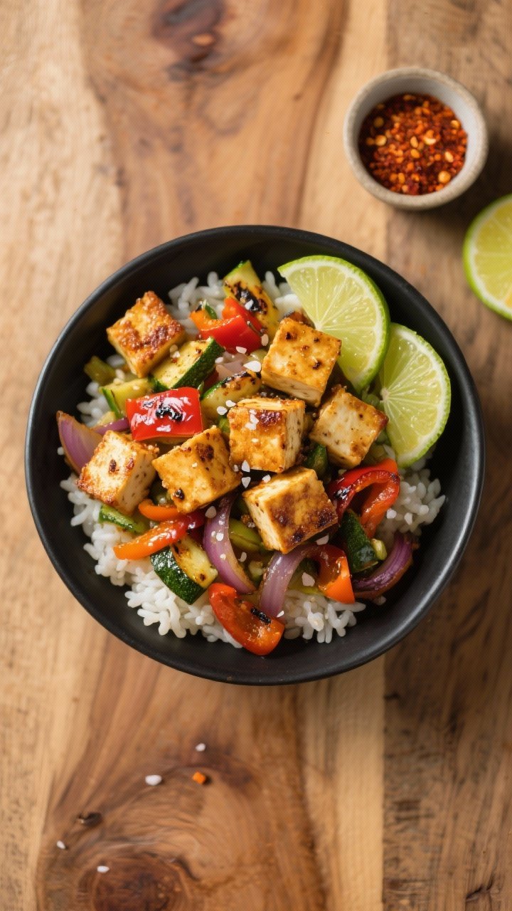 Overhead shot of crispy chili-lime tofu bowls: golden-brown cubed tofu coated in cornstarch, smoked paprika, chili powder, and garlic powder, seared in olive oil, nestled over fluffy rice with charred bell peppers, zucchini, and onions; lime wedges and a sprinkle of kosher salt on top; vibrant, glossy veggies with slight blistering; styled in a matte black bowl on a warm wooden surface with a small ramekin of chili-lime seasoning and a halved lime nearby; bright, zesty mood, no people.