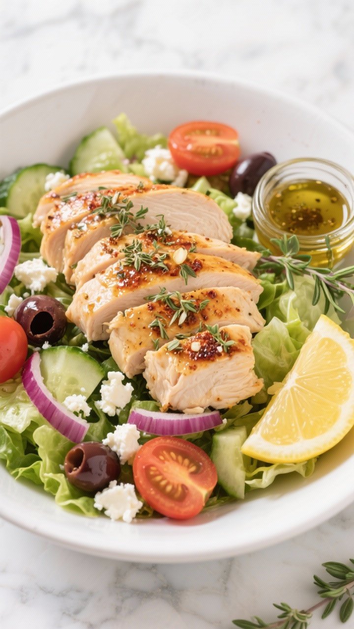 Overhead shot of Crunchy Greek Chicken Power Bowls: sliced grilled chicken breast seasoned with dried oregano, garlic powder, smoked paprika, sea salt, and black pepper, nestled over a bed of chopped romaine, with juicy cherry tomatoes, cucumber, red onion, Kalamata olives, and crumbled feta; lemon-herb vinaigrette glistening on the chicken, lemon wedges on the side; served in a wide shallow white bowl on a light marble surface with a small jar of vinaigrette and oregano sprigs; bright Mediterranean color palette, crisp textures, natural daylight, no people.