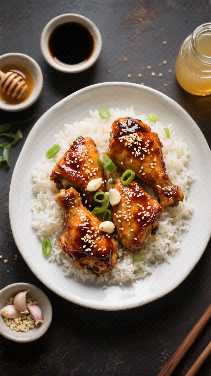 Overhead shot of glossy sticky soy-garlic chicken thighs fresh from the oven, skin blistered and lacquered with a soy sauce, honey, garlic, and rice vinegar glaze, sprinkled with toasted sesame seeds and sliced scallions, served over fluffy sesame rice in a wide white ceramic platter; small bowls of low-sodium soy sauce, honey drizzle, minced garlic, and a jar of rice vinegar set around, warm weeknight takeout-dupe mood, high contrast lighting to highlight the sticky sheen and crispy skin.