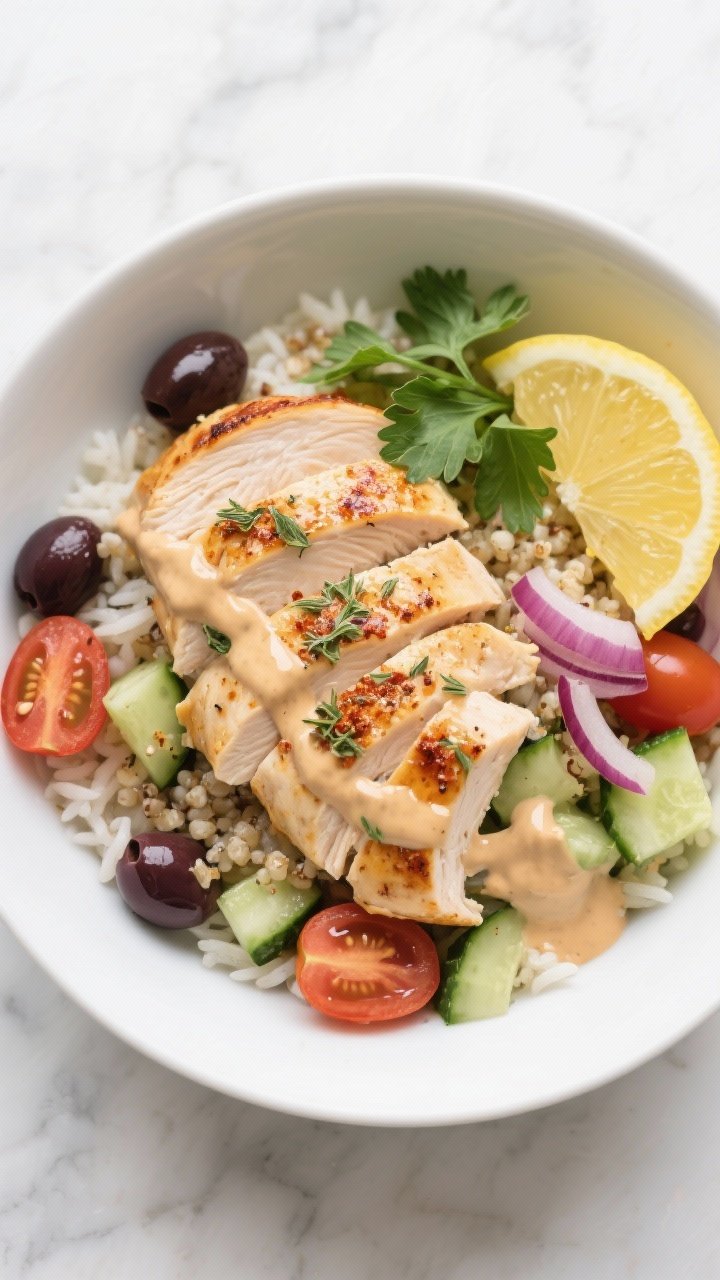 Overhead shot of Greek chicken power bowls: sliced boneless skinless chicken breast seared with dried oregano, garlic powder, smoked paprika, kosher salt, and black pepper, glistening from a light olive oil sear; arranged over fluffy rice or quinoa with chopped cucumbers, cherry tomatoes, red onion, kalamata olives, and a generous drizzle of silky lemon-tahini sauce; garnished with fresh parsley and lemon wedges on a matte white bowl set on a light marble surface, clean Mediterranean styling, bright daylight, crisp textures.