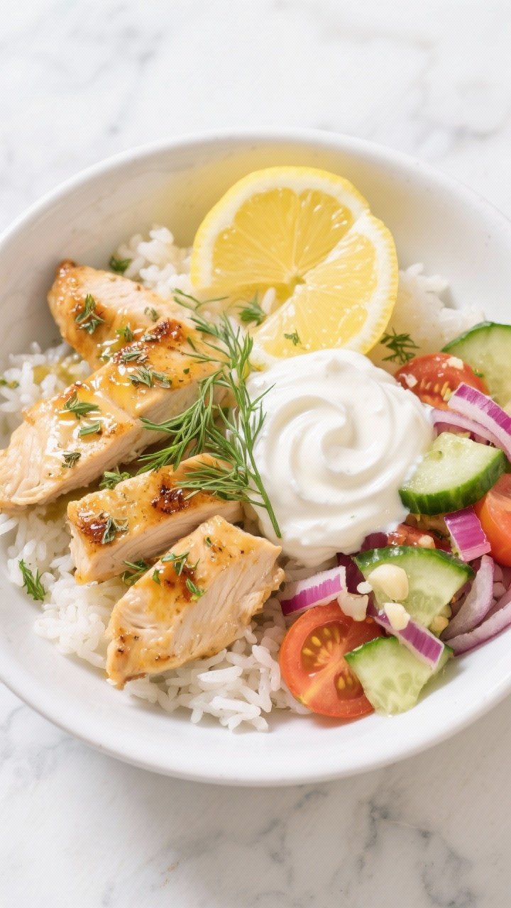 Overhead shot of Greek lemon chicken bowls: bite-size seared chicken breast pieces glistening with olive oil, lemon zest and juice, dried oregano, ground cumin, and minced garlic over fluffy white rice with a side of herby Greek yogurt swirl, cucumber-tomato-red onion salad, and lemon wedges; sprinkled fresh dill and oregano on top; bright Mediterranean colors, clean white ceramic bowl on a light marble surface, soft natural daylight, crisp textures and a glossy yogurt sheen.