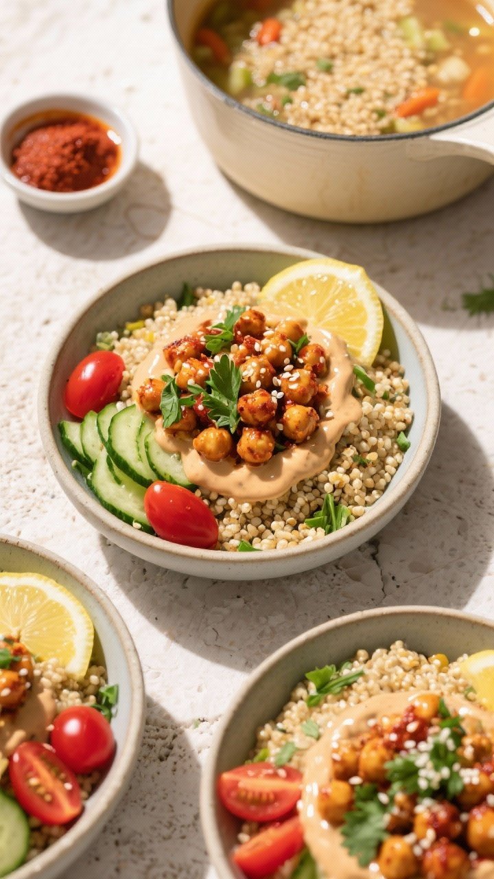 Overhead shot of Harissa Chickpea Power Bowls: lemon-tahini quinoa fluffed in wide shallow bowls, topped with harissa-coated chickpeas, ribbons of cucumber, cherry tomatoes, chopped parsley, and lemon wedges; creamy lemon-tahini drizzle visible with sesame sprinkle; warm, sunlit scene on a light stone surface with a small bowl of harissa paste and a pot of simmered quinoa made with vegetable broth in the background; vibrant reds, greens, and golden quinoa, crisp textures and glossy chickpeas.