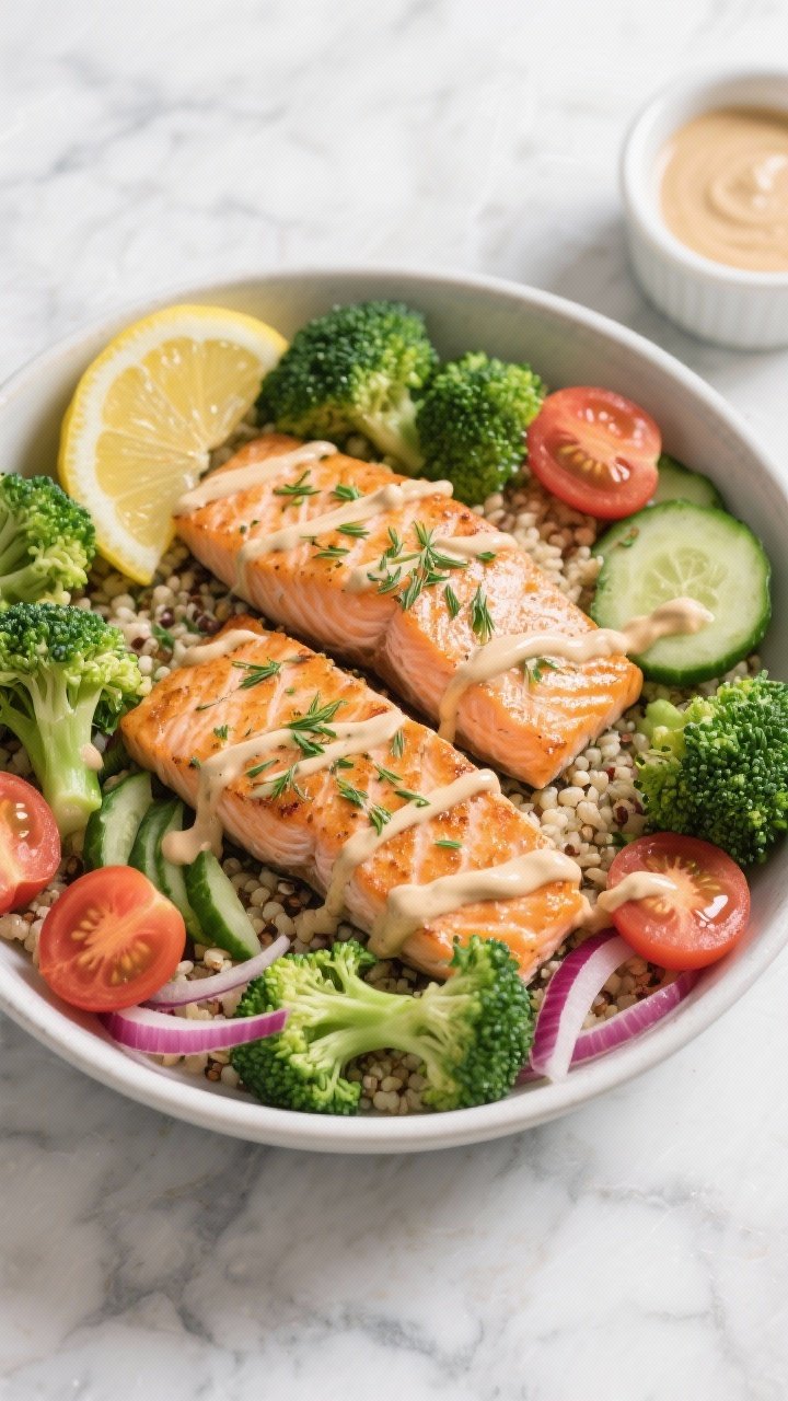 Overhead shot of Lemon-Dill Salmon Veggie Bowls: two seared salmon fillets with visible lemon zest and dill flakes atop fluffy quinoa, surrounded by bright green broccoli florets, crisp sliced cucumber, halved cherry tomatoes, and thinly sliced red onion; tahini drizzle in soft zigzags over the bowl, extra lemon wedges and a small ramekin of tahini on a cool marble surface; clean, fresh, Mediterranean vibe, high contrast, natural daylight, no people.