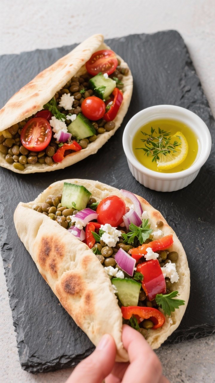 Overhead shot of Mediterranean lentil and feta pita pockets on a slate board: warm pita halves stuffed with green/brown lentils, diced cucumber, halved cherry tomatoes, finely chopped red onion, diced roasted red peppers, crumbled feta and parsley; a small ramekin of lemony olive oil dressing and a sprinkle of oregano; vibrant reds and greens against neutral pita, clean edges, appetizing handheld presentation.