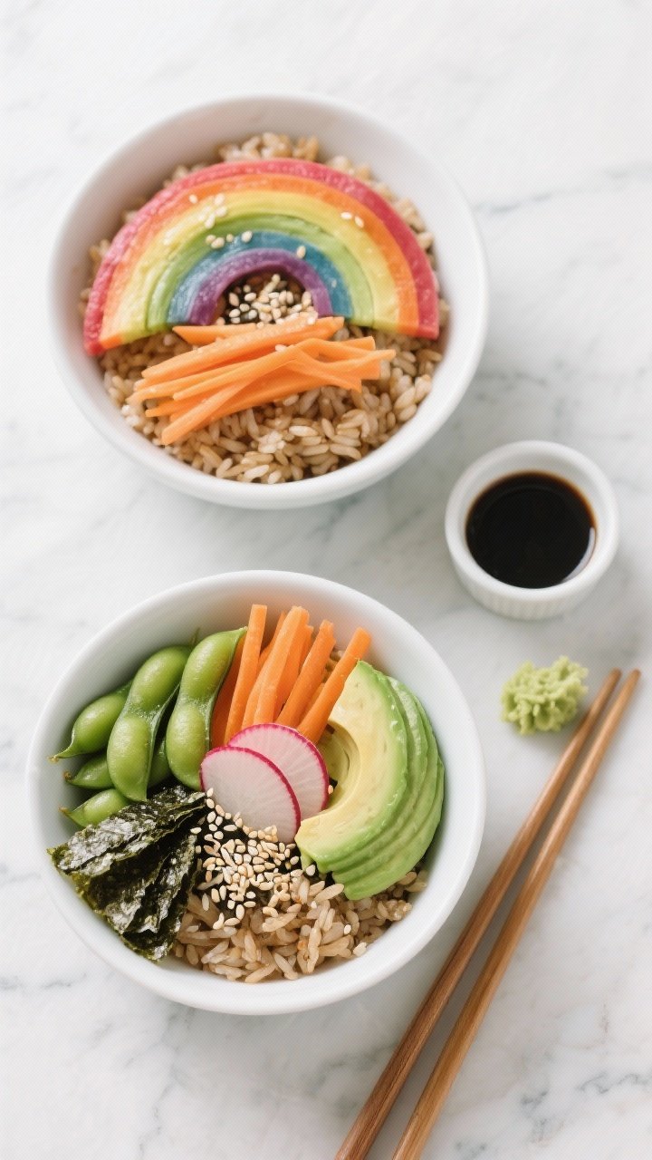 Overhead shot of rainbow sushi bowls in shallow white ceramic bowls: short-grain brown rice seasoned with rice vinegar, a hint of honey/maple, and salt as the base; neat arcs of steamed edamame, julienned carrot, thinly sliced cucumber and radish, avocado fan, nori strips, and sesame seeds. Bright, clean styling on a light marble surface, small ramekin of soy-tamari and a wasabi dab on the side, chopsticks resting. Fresh, glossy textures and saturated colors, no people.
