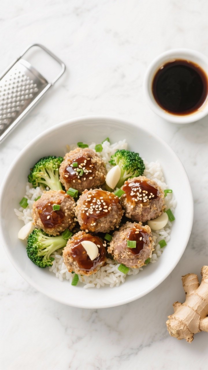 Overhead shot of sesame ginger turkey meatballs glazed with low-sodium soy and ginger, nestled on garlicky broccoli “rice” in a shallow white bowl; visible flecks of green onion, sesame seeds sprinkled, a small dish of soy-ginger dipping sauce on the side; bright, clean lighting highlighting the lean ground turkey texture, panko crumb crispness, and minced garlic; styled on a light marble surface with a microplane grater and a nub of fresh ginger in frame.
