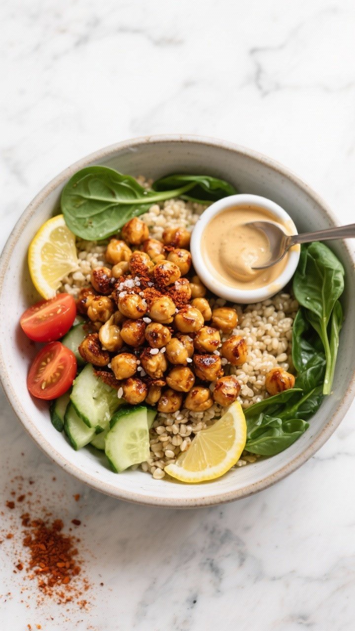 Overhead shot of Smoky Chickpea Power Bowls: roasted chickpeas tossed with olive oil, smoked paprika, cumin, garlic powder, and kosher salt piled over fluffy quinoa, with crisp cucumber, cherry tomatoes, and baby spinach around the bowl; a small ramekin of lemon-tahini drizzle being spooned over; bright, clean light, matte ceramic bowl on a marble surface, sprinkled paprika and lemon wedges styling, professional appetizing sheen on chickpeas.