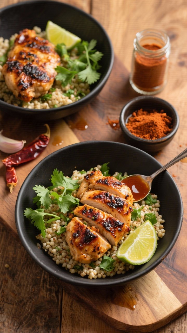 Overhead shot of smoky chipotle chicken bowls: charred boneless skinless chicken thighs marinated with minced chipotle peppers in adobo, a spoon of adobo sauce, ground cumin, smoked paprika, garlic, and olive oil, sliced over fluffy lime-cilantro quinoa in matte black bowls; garnished with fresh cilantro, lime wedges, and a light drizzle of pan juices. Styled on a warm wood surface with a small ramekin of minced chipotle and a jar of smoked paprika; bright, zesty, and rustic Southwestern mood, professional lighting, no people.