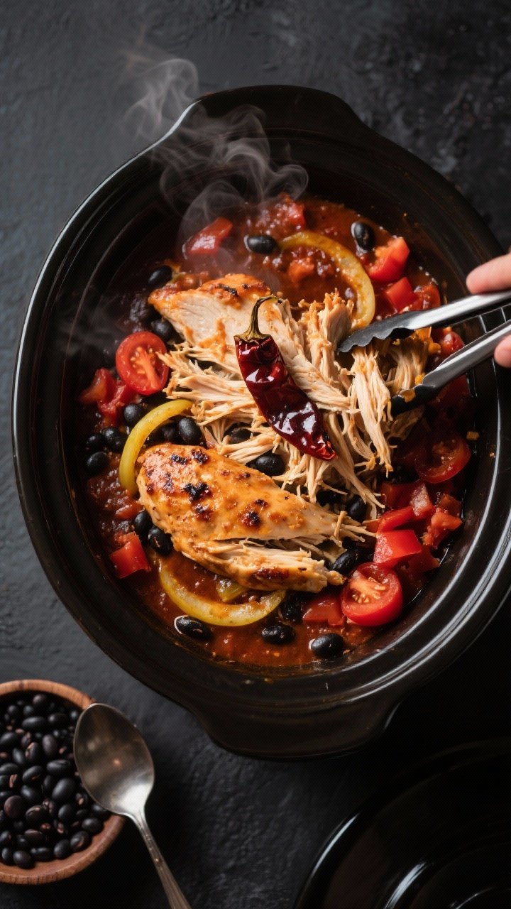 Overhead shot of smoky chipotle shredded chicken with black beans in a slow cooker: boneless skinless chicken breasts pulling apart with tongs, glossy fire-roasted diced tomatoes, thinly sliced yellow onions softened, a visible chopped chipotle pepper in adobo, flecks of char on tomatoes, juices pooling. Styled on a dark matte surface with a small bowl of drained black beans and a spoon, warm Southwestern mood, steam rising, rich reds and inky blacks, high-contrast, professional food photography.