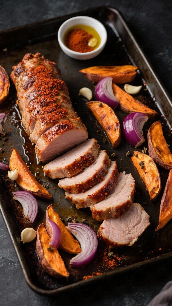Overhead shot of Smoky Paprika Pork Tenderloin With Sweet Potato Wedges: whole pork tenderloin rubbed with smoky paprika, garlic powder, salt, black pepper, and a hint of cumin, roasted until browned and juicy, sliced medallions fanned out; caramelized sweet potato wedges and chunky red onion wedges with crisp edges; a small bowl of paprika-garlic oil for drizzling; dark sheet pan for contrast, dramatic directional lighting.