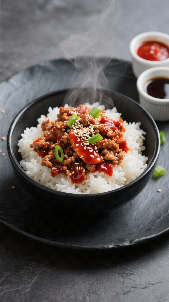 Overhead shot of Spicy Turkey Bulgogi Bowls: glossy gochujang-glazed lean ground turkey crumbles over fluffy sesame rice (short-grain jasmine), sprinkled with toasted sesame seeds and scallions, a small drizzle of sesame oil sheen, with ramekins of gochujang and low-sodium soy sauce on the side; Korean-inspired styling on a matte black plate over a slate surface, vibrant reds and greens against white rice, steam visible, professional lighting, no people.