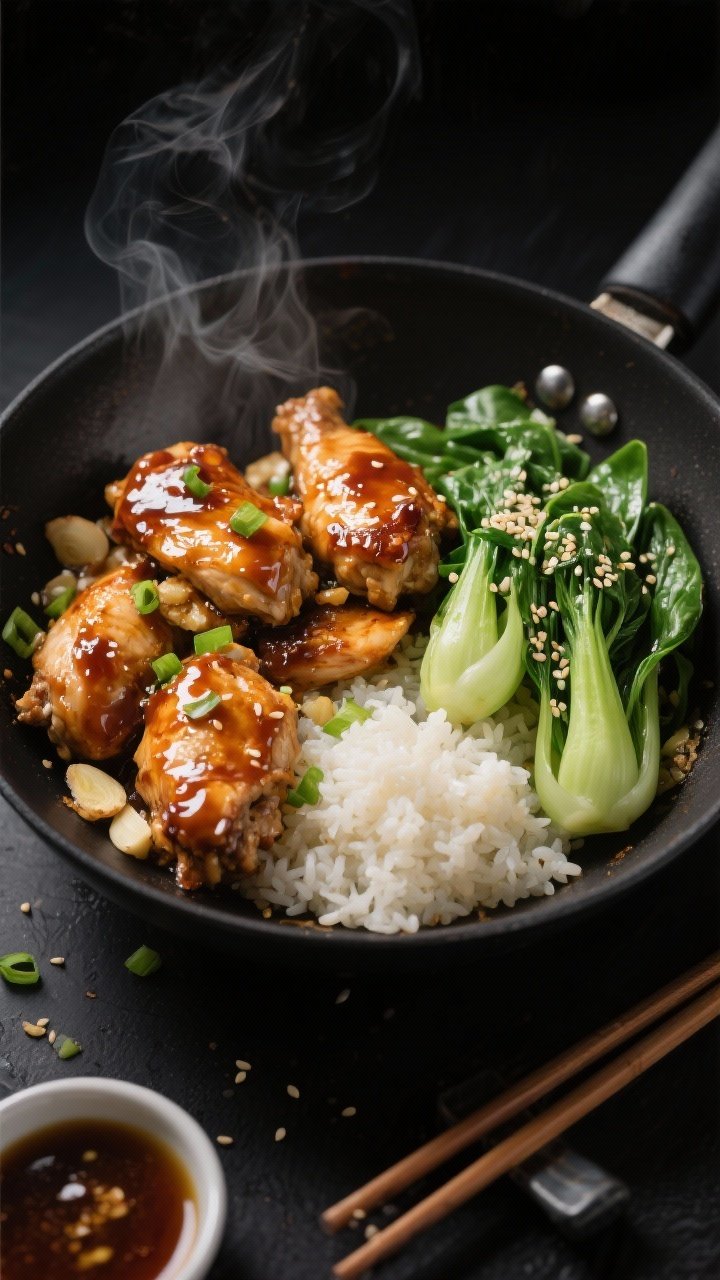 Overhead shot of sticky ginger-garlic chicken bowls: glossy, caramelized boneless skinless chicken thigh pieces (tossed in cornstarch, salt, pepper) sizzling in a dark wok with visible minced ginger and garlic glaze; on the side, bright sesame greens (sautéed bok choy/spinach with sesame seeds), steamed rice in the bowl base, a drizzle of neutral oil sheen, scattered scallions and toasted sesame. Shot on a matte black surface with chopsticks and a small ramekin of soy-ginger glaze; steam rising, high-contrast lighting to emphasize sticky texture.