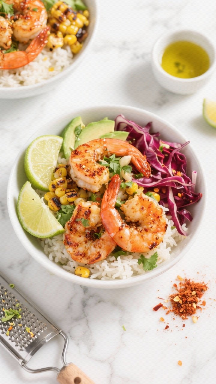 Overhead shot of zesty chili-lime shrimp bowls: seared large shrimp glistening with chili powder, ground cumin, smoked paprika, lime zest and juice, and a hint of garlic, arranged over fluffy cilantro-lime rice with avocado slices, charred corn, and red cabbage ribbons; lime wedges and chili flakes on the side; bright, sunny “vacation” vibe on a white marble surface with a small bowl of olive oil and a microplane dusted with lime zest