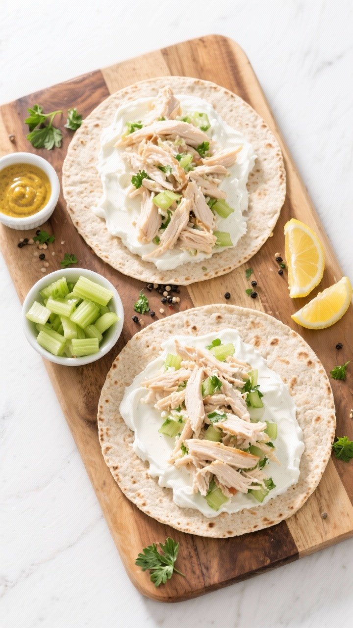 Overhead shot of Zesty Greek Yogurt Chicken Salad Wraps being assembled: a large wooden board with two whole-wheat tortillas spread with a creamy mix of shredded rotisserie chicken, plain 2% Greek yogurt, Dijon mustard, fresh lemon juice, a touch of honey, and finely diced celery. Add-ins scattered in small ramekins: extra celery bits, lemon wedges, and cracked black pepper. Garnish with chopped parsley for freshness. Bright summer light, clean white background, crisp textures of celery against creamy yogurt, no people.