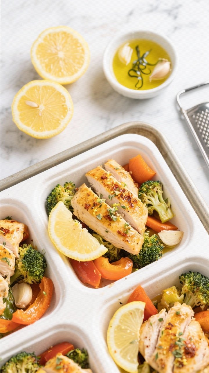 Overhead shot of zesty lemon-garlic chicken meal prep bowls: sliced boneless skinless chicken breasts seared golden with lemon zest, minced garlic, dried oregano, smoked paprika, and extra-virgin olive oil, arranged over roasted veggies (broccoli, bell peppers, carrots) on a white rimmed sheet pan; halved lemons, microplane with fresh zest curls, and a small bowl of marinade (lemon juice, olive oil, garlic) on a light marble surface, vibrant, clean, high contrast, no people.