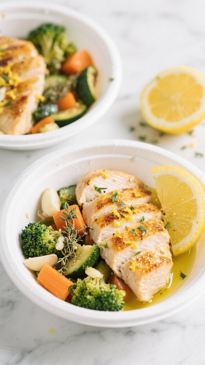 Overhead shot of Zesty Lemon Herb Chicken Bowls: sliced boneless skinless chicken breasts seared with golden edges, glistening with lemon zest and juice, minced garlic, dried oregano, dried thyme, and a hint of smoked paprika; served in meal-prep bowls with garlicky sautéed mixed veggies (broccoli, carrots, zucchini) drizzled with 1 tbsp olive oil; bright lemon wedges on the side, extra zest sprinkled; clean white bowls on a light marble surface, crisp, fresh, high-contrast lighting emphasizing citrus sheen and herb flecks.