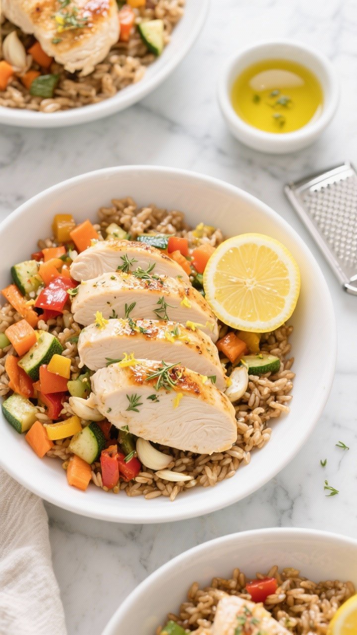 Overhead shot of Zesty Lemon Herb Chicken Bowls: sliced boneless skinless chicken breasts grilled with lemon zest, minced garlic, dried oregano and thyme, glistening from extra-virgin olive oil; served over a “roasted veggie confetti” of colorful chopped vegetables (carrot, bell pepper, zucchini) on fluffy brown rice in wide white bowls. Bright lemon halves, microplane with zest, a small bowl of lemon juice, and a drizzle of olive oil on a marble surface. Clean, fresh, sunny mood, crisp highlights, no people.