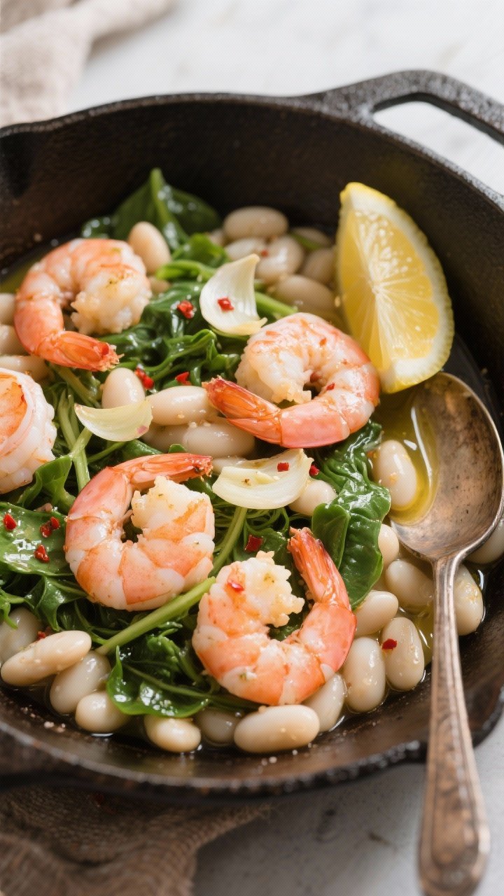 Overhead skillet of garlicky shrimp and white beans: pink, just-cooked large shrimp nestled with creamy cannellini beans and glossy wilted baby greens; thinly sliced garlic and a hint of red pepper flakes glinting in olive oil; lemon wedge on the side, rustic spoon in pan, textural contrast between plump beans, tender greens, and juicy shrimp, bright yet cozy lighting.