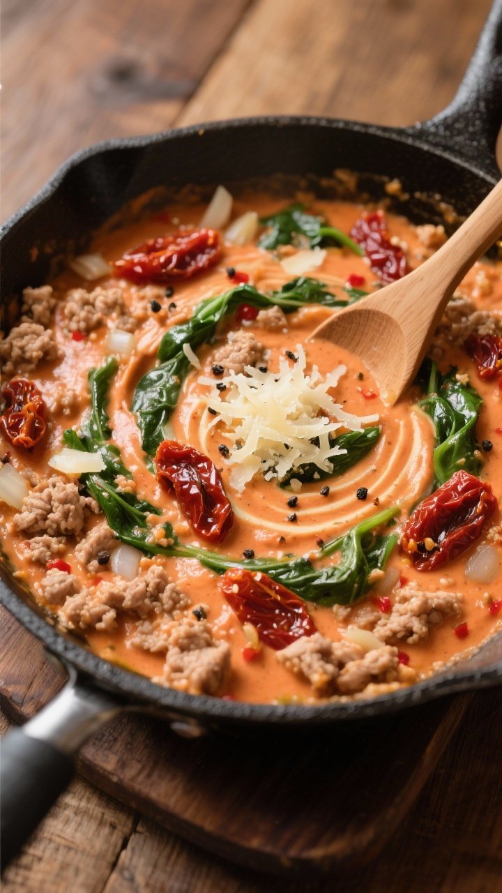 Overhead skillet scene of creamy Tuscan turkey: lean ground turkey crumbles in a silky cream-tomato sauce with Italian seasoning, minced garlic, finely chopped onion, a touch of red pepper flakes; sun-dried tomatoes and wilted spinach swirled through, sauce clinging luxuriously. Served with a wooden spoon creating a swirl pattern; grated Parmesan and cracked black pepper sprinkled on top. Warm, cozy tones, rustic wood table, professional soft light for a comforting, indulgent-but-light feel.