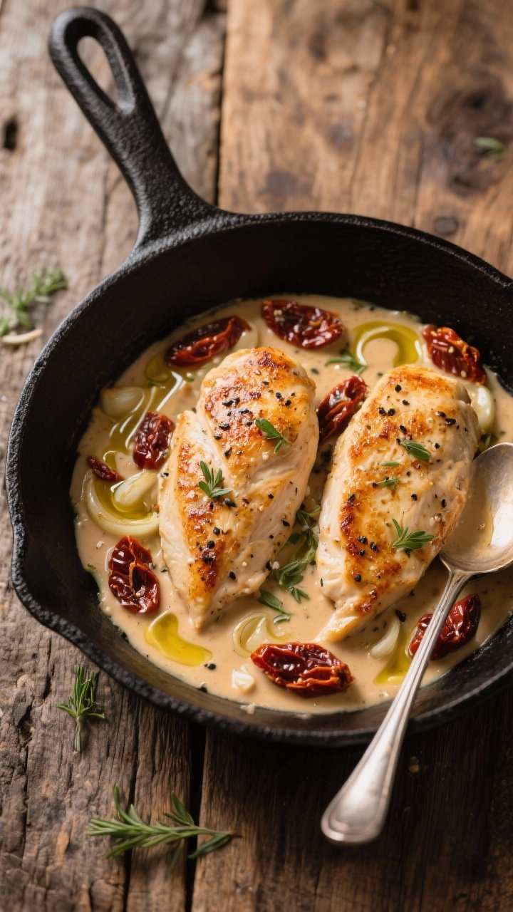 Overhead skillet shot: Creamy Sun-Dried Tomato Chicken Skillet (dairy-light). Golden-seared chicken breast cutlets seasoned with sea salt and black pepper, nestled in a silky sun-dried tomato and shallot-garlic sauce. Bits of sun-dried tomatoes visible, sauce clinging to the chicken with swirls of olive oil. Garnished with fresh herbs on a matte black pan atop a rustic wooden table; spoon trails showing the sauce’s velvety texture.