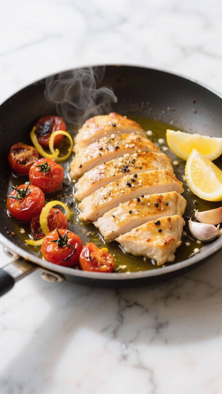 Overhead skillet shot: golden seared boneless skinless chicken breasts pounded thin, glistening in olive oil with visible garlic powder seasoning, kosher salt, and black pepper; cherry tomatoes blistered and burst around the chicken, torn lemon zest curls and lemon wedges on the side, a few smashed garlic cloves in the pan; bright, zesty mood on a light marble surface, minimal props, high contrast, natural daylight, steam subtly rising.