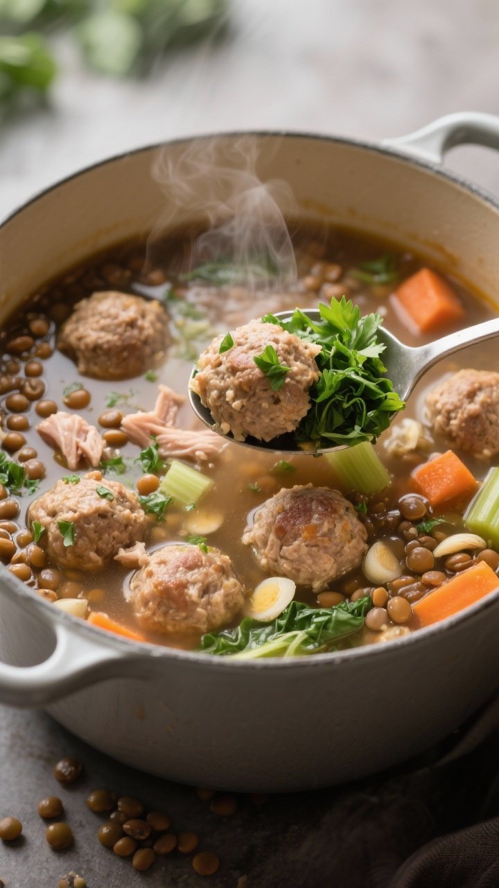 Overhead soup pot scene: hearty lentil and turkey meatball soup simmering—small turkey meatballs (ground turkey, egg, finely chopped onion, almond flour, garlic, sea salt, oregano, black pepper) bobbing among brown lentils, carrots, celery, and greens; steam visible, ladle lifting a meatball and greens; garnished with chopped parsley, cozy brothy glow in a matte enamel pot.