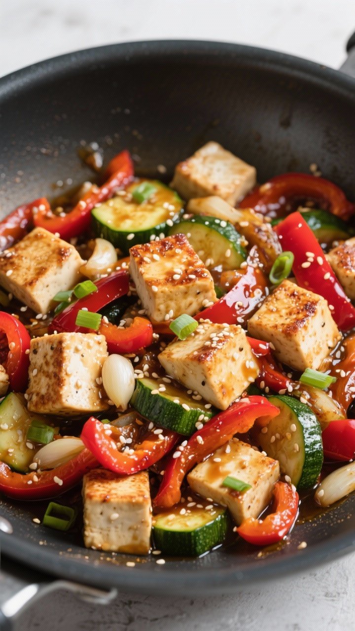 Overhead stir-fry in a wok of Tofu Power with Garlic-Soy Glaze: extra-firm tofu cubes lightly dusted in cornstarch, seared in a mix of sesame and neutral oil until crisp; tossed with sliced red bell pepper and half-moon zucchini in a glossy garlic-soy glaze. Scattered sesame seeds and scallions for finish. High-contrast shine on tofu edges, vibrant red and green vegetables, modern minimal backdrop, sizzling, fresh, plant-forward energy.