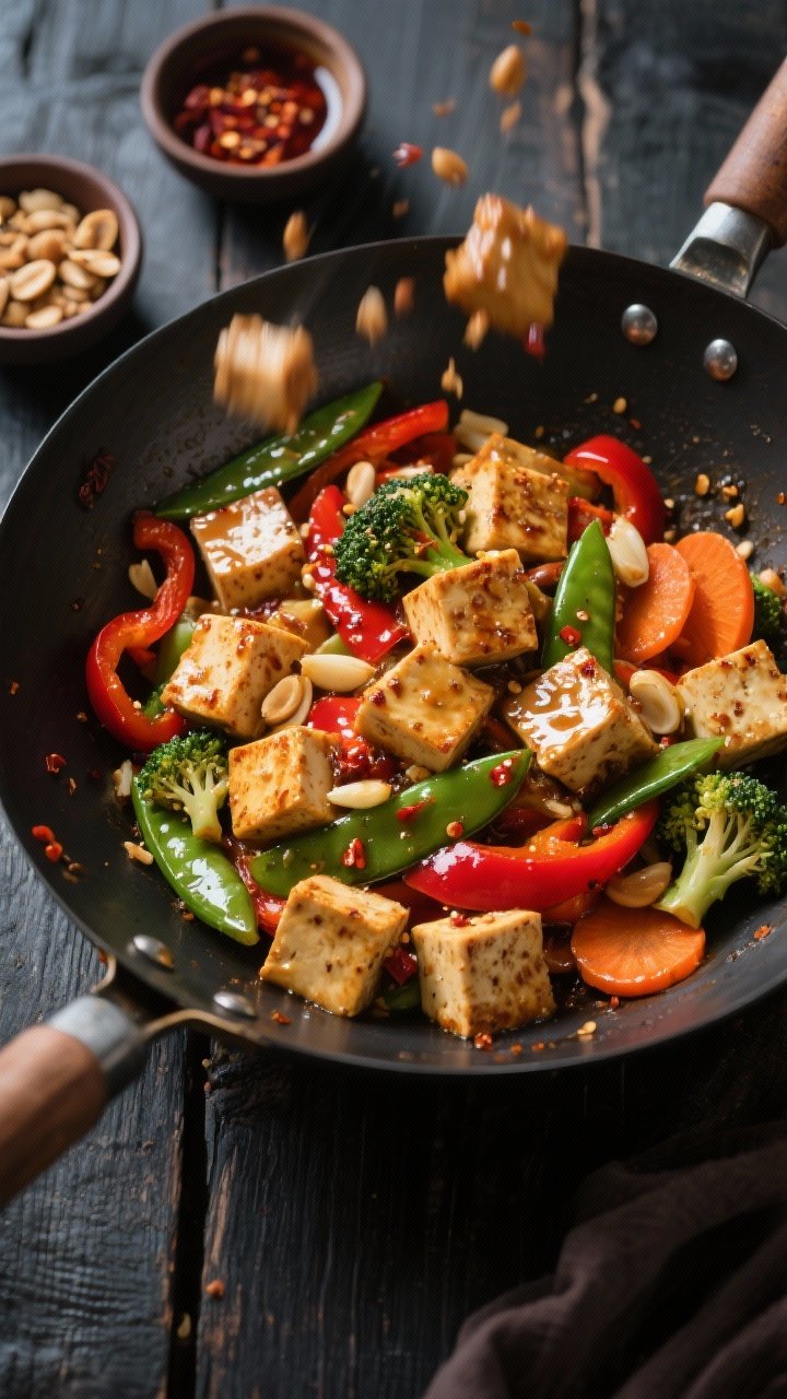 Overhead stir-fry in motion: 20-minute tofu stir-fry with extra-firm tofu cubes lightly crusted in cornstarch, seared to golden and glossy from a spicy peanut sauce; mixed veggies—red bell peppers, snap peas, broccoli florets, carrot coins—tossed with minced garlic; sauce clings to tofu with a sheen and chili flakes; served in a wok on a dark wood surface, small ramekins of crushed peanuts and chili oil nearby; punchy, high-contrast lighting.