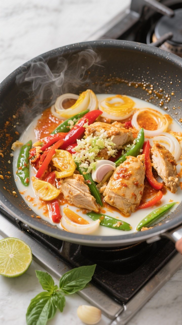 Overhead stovetop action shot of Thai-inspired coconut curry chicken with veggies: a sauté pan with shimmering coconut oil, thinly sliced yellow onion, minced garlic, and grated ginger blooming with red curry paste, then bathed in light coconut milk to form a rich, red-orange curry. Chunks of rotisserie chicken and mixed vegetables (bell pepper strips and snap peas suggested) simmering, glossy surface with tiny oil droplets. Lime wedges and Thai basil leaves nearby for garnish. Clean, modern setup with steam visible for freshness and speed.