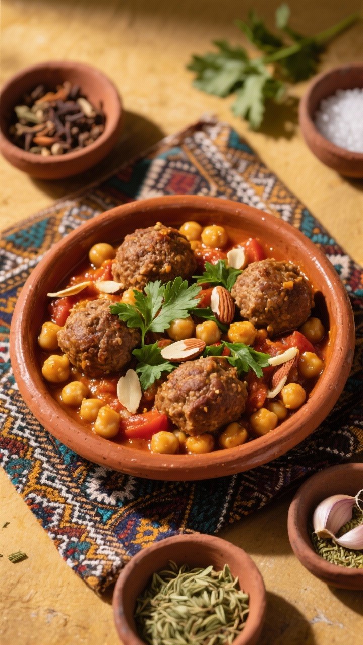 Overhead tagine-style presentation of Moroccan Chickpea and Turkey Meatball Tagine: browned turkey meatballs (with whole-wheat breadcrumbs) simmered among chickpeas in a tomato-saffron hue with cumin, coriander, and warm spices; garnished with torn cilantro and toasted almond slivers; served in an earthenware dish on a patterned Moroccan textile; small bowls of cumin, coriander, minced garlic, and kosher salt arranged around for context; rich, golden lighting.