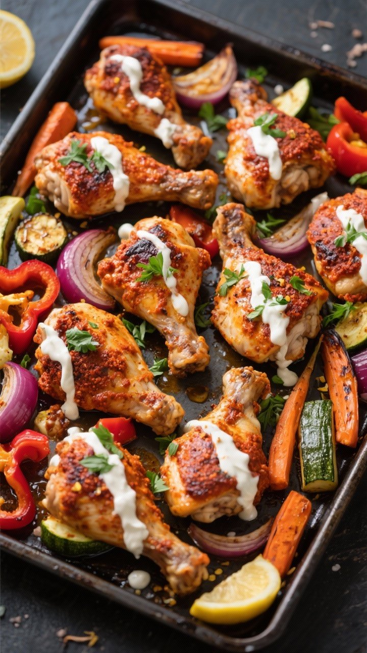 Overhead tray bake of Harissa Chicken And Roasted Veggies with Yogurt Drizzle: sheet pan filled with boneless skinless chicken thighs coated in harissa paste, olive oil, honey, lemon zest and juice, and kosher salt, roasted alongside colorful vegetables (carrots, red onion, bell peppers, and zucchini). Post-roast streaks of tangy yogurt drizzle across, scattered parsley, charred edges, caramelized gloss. Shot on a dark baking sheet for contrast, vibrant, rustic, family-style.