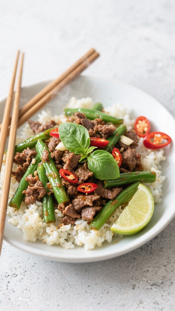 Overhead weeknight plate: Thai basil beef with green beans over cauliflower rice. Crumbled ground beef stir-fried with minced garlic and red chili, tossed with bright, blistered green beans and a glossy savory sauce, finished with a generous handful of fresh Thai basil leaves. Served over fluffy cauliflower rice in a shallow white bowl; lime wedge and extra sliced chili on the side. Clean, modern styling on a light concrete surface, chopsticks set diagonally, vibrant greens and basil aroma suggested by steam.
