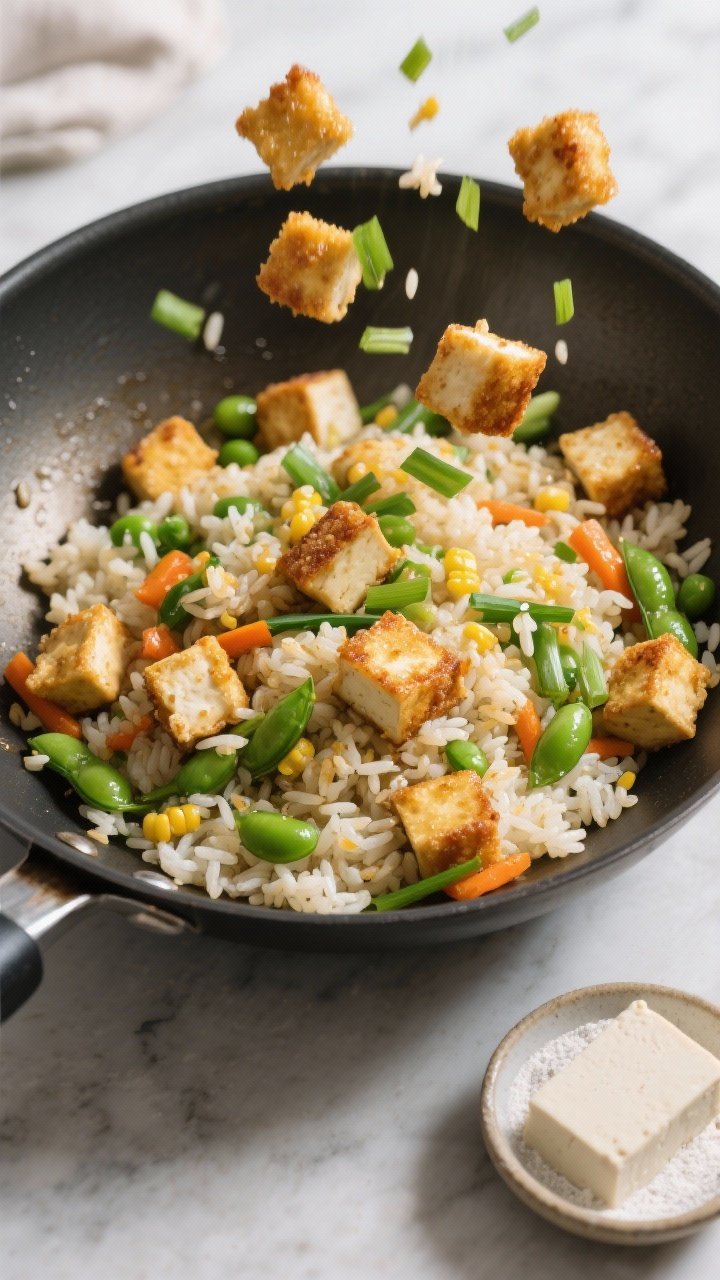 Overhead wok shot of crispy tofu fried rice mid-toss: golden cornstarch-crusted tofu cubes seared in neutral oil, mixed with day-old rice, bright green shelled edamame, peas and carrots, and scallion slices; individual rice grains glossy and separated, a light soy sheen, a small dish of cornstarch and pressed tofu block off to the side; clean, vibrant, high-protein plant-forward energy, natural daylight.