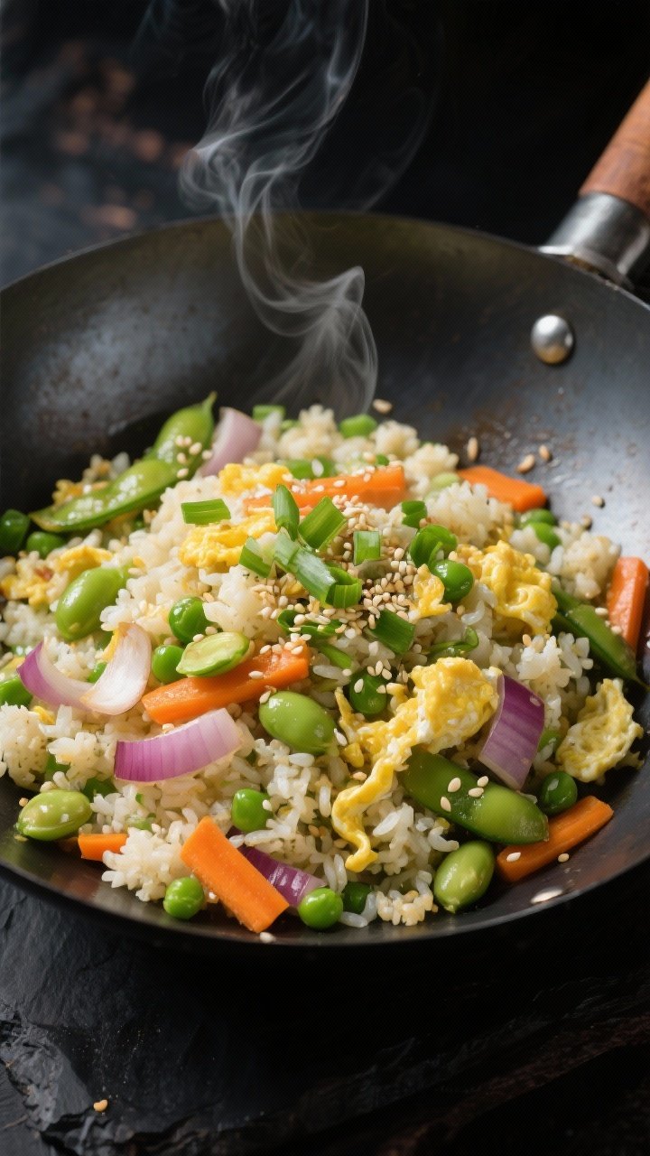 Overhead wok shot of high-protein veggie fried “rice”: cauliflower rice stir-fried with diced onion, minced garlic, carrots and peas, shelled edamame, and scrambled egg ribbons; a light sheen from avocado or sesame oil, soy-seasoned look; garnished with sliced scallions and sesame seeds; steam rising, vibrant greens and oranges against a dark carbon-steel wok for appetizing contrast.