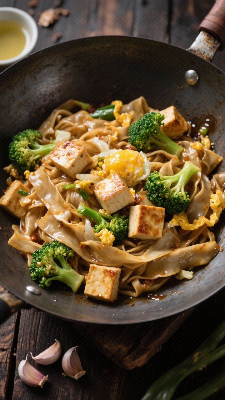 Overhead wok shot: Tofu “noodle” pad see ew using yuba “noodles,” with broccoli and egg. Wide ribbons of tofu sheets seared with light caramelization, extra-firm tofu cubes with golden edges, bright green broccoli florets, and glossy egg curds threading through. Garlic bits visible, everything lacquered with savory sauce. Presented in a seasoned carbon-steel wok on a dark wood surface, with a small bowl of neutral oil and smashed garlic cloves nearby. Dynamic, street-food energy.