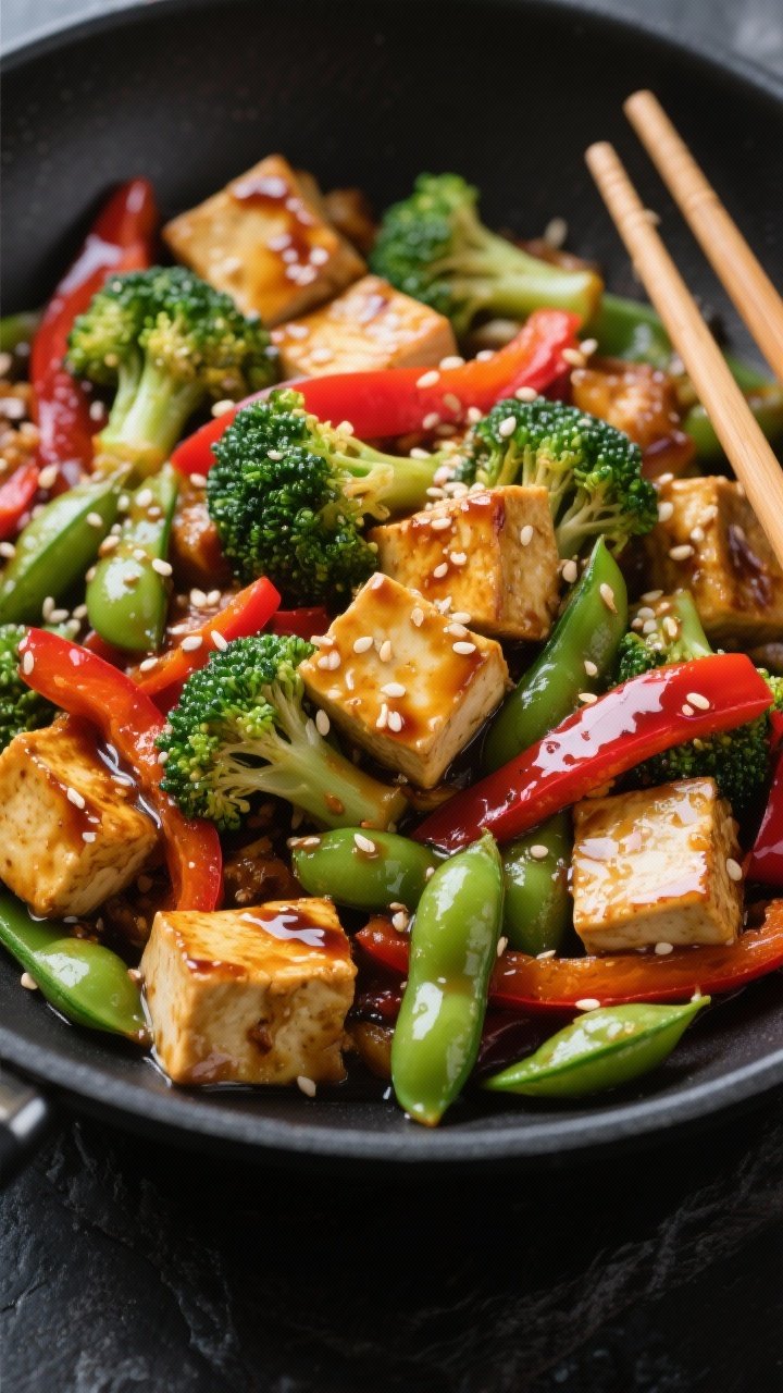Overhead wok stir-fry: golden-edged teriyaki-glazed tofu cubes tossed with emerald broccoli florets, red bell pepper strips, and vibrant green edamame; glossy sauce clinging to vegetables, sesame seeds scattered; neutral oil sheen, high-heat sear visible; served in a wide black bowl for contrast, chopsticks resting alongside.
