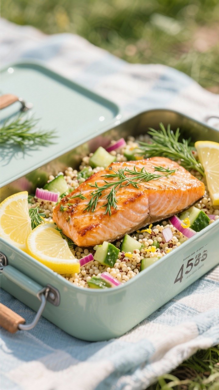 Picnic-ready 45-degree plated Lemon-Dill Salmon and Quinoa Salad: flaky salmon fillet with lemon-dill olive oil glaze, roasted skin-on for crispy edges; fluffy quinoa (cooked in water or broth) tossed with diced English cucumber, finely sliced red onion, fresh dill, and lemon zest; served in an enamel picnic tin with lemon rounds and extra dill; cool, breezy outdoor feel, soft natural light, refreshing colors.