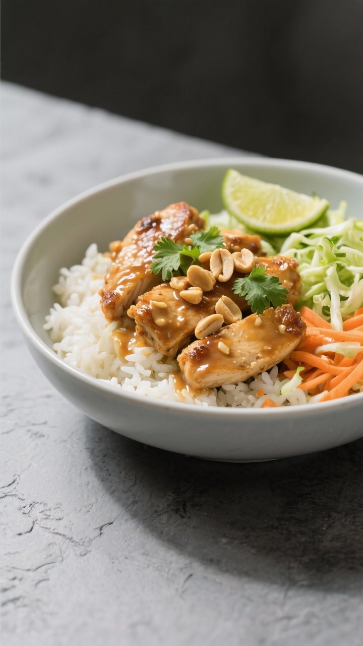 Plated bowl composition, 45-degree angle: peanut-lime chicken bowls—juicy seared chicken pieces glazed in a glossy peanut-lime sauce, served over fluffy rice with a bright quick slaw (shredded cabbage and carrots) for crunch; garnished with lime wedges, chopped peanuts, and cilantro; a light drizzle of extra sauce over the bowl, clean modern styling on a slate surface, no-marinade “fresh and fast” energy.