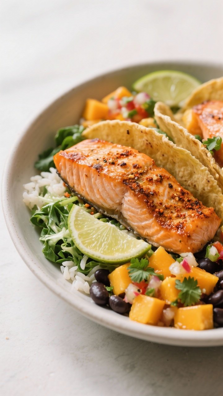 Plated bowl shot for Baked Salmon Taco Bowls with Mango Salsa: flaky salmon fillet baked with olive oil, chili powder, cumin, smoked paprika, garlic powder, kosher salt, and black pepper, served over shredded greens with cilantro-lime rice, black beans, and vibrant mango salsa. Garnished with lime wedges and a sprinkle of fresh cilantro. Warm tones, appetizing char on salmon edges, mango’s bright orange cubes popping against greens; photographed at 45 degrees with soft daylight and minimal props.