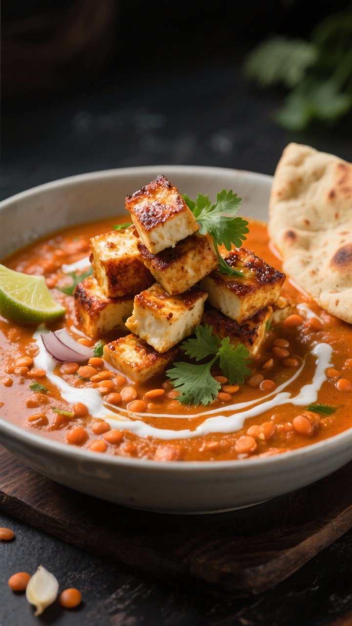 Plated bowl shot, straight-on: red lentil coconut curry with a silky, sunset-orange broth from coconut milk, red curry paste, ginger, garlic, and onion. On top, pan-seared paneer “croutons” stacked and glistening, edges deeply caramelized. Garnished with cilantro leaves and a swirl of coconut cream, served with lime wedges and warm naan off to the side. Moody side lighting to highlight creaminess and paneer crunch; rich, comforting South Asian vibe.