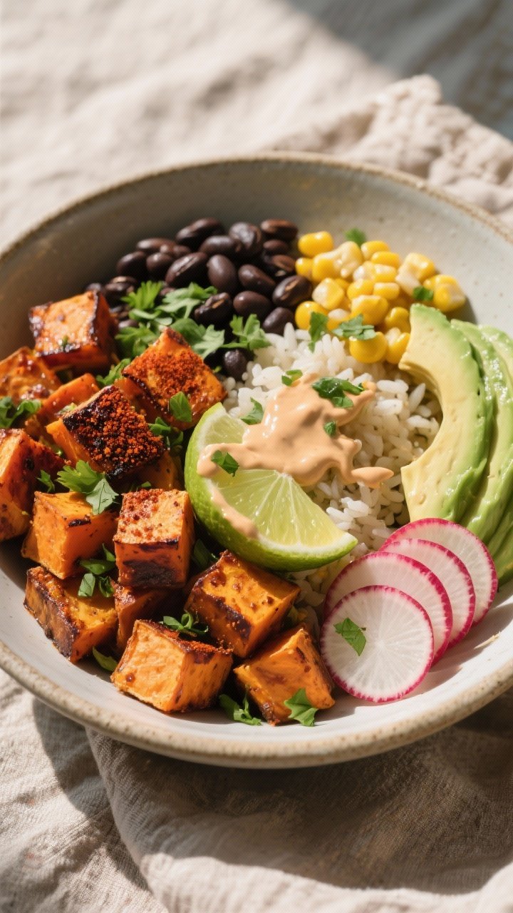 Plated burrito bowl, straight-on hero shot: roasted smoky sweet potato cubes (paprika, cumin, chili powder, olive oil, kosher salt) with crispy edges alongside black beans, cilantro-lime rice, corn, sliced radishes, and avocado fan; drizzle of chipotle-lime crema and a squeeze of lime, sprinkled with chopped cilantro; components arranged in distinct colorful sections in a matte ceramic bowl on a textured linen, warm natural light highlighting the caramelization on the sweet potatoes.