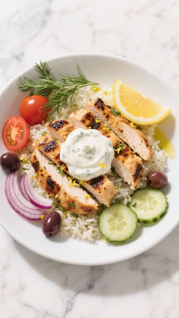 Plated gyro bowl composition, overhead: marinated Greek chicken strips (olive oil, lemon zest and juice, minced garlic, dried oregano, kosher salt, black pepper) charred and sliced over lemon rice, with a generous dollop of tzatziki. Surrounding toppings: cherry tomatoes, cucumber slices, kalamata olives, red onion, and fresh dill; a lemon wedge and drizzle of olive oil. Clean, bright Mediterranean vibe on a white plate over marble; crisp daylight.