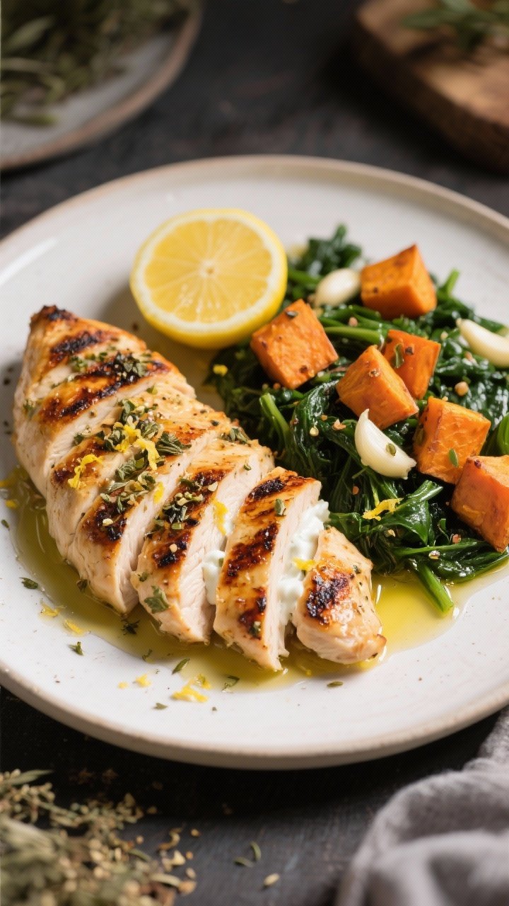 Plated meal-prep duo, straight-on: Za’atar yogurt–marinated chicken breasts, grilled or roasted to deep charred edges, sliced and fanned beside roasted sweet potato cubes and a bed of garlicky sautéed greens. Visible specks of za’atar, lemon zest, and yogurt caramelization on the chicken; drizzle of olive oil and a lemon half in frame. Warm, inviting tones with gentle side light.