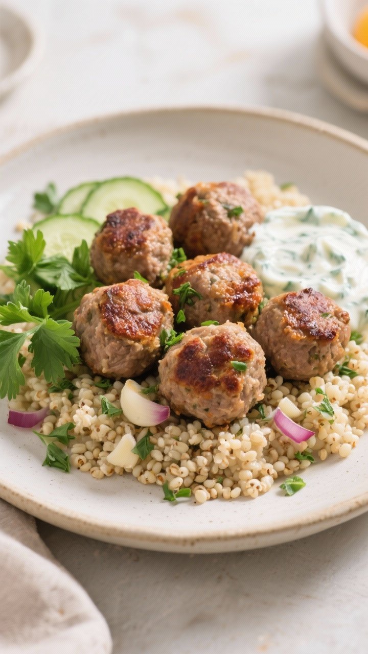 Plated Mediterranean composition, straight-on: Greek turkey meatballs (lean ground turkey with breadcrumbs, egg, minced red onion, garlic, fresh parsley) browned and nestled over fluffy herbed quinoa. Generous swoosh of cool tzatziki on the side, extra parsley and a few cucumber slices for freshness. Light, airy scene with neutral ceramics highlighting juicy meatball texture and quinoa grains.