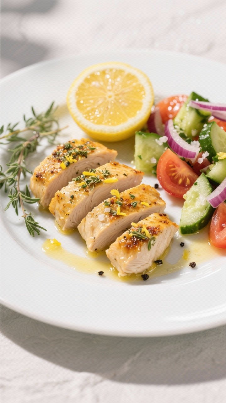 Plated Mediterranean presentation of lemon-herb Greek chicken: golden seared chicken tenderloins with visible lemon zest, oregano, and garlic powder crust, drizzled with lemon juice; side cucumber-tomato salad with chopped cucumbers and tomatoes, red onion slivers, and a light olive oil sheen; kosher salt and black pepper specks; served on a white plate with a lemon half and oregano sprigs; 45-degree angle with natural daylight.