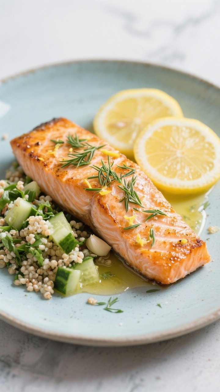 Plated presentation of lemon-dill Greek salmon: seared salmon fillets brushed with olive oil, lemon zest and juice, dried or fresh dill, and garlic powder, served alongside cucumber quinoa tabbouleh studded with parsley and diced cucumber; a final squeeze of lemon and sprinkle of dill on top. Shot straight-on to showcase flaky salmon texture and glossy citrus sheen; cool-toned ceramics, fresh and coastal mood.