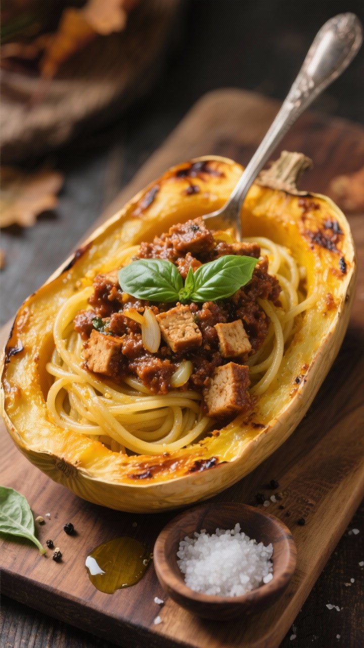 Rustic straight-on plating: Smoky tempeh ragu spooned generously over roasted spaghetti squash strands. The squash halves roasted until caramelized at the edges, pulled into long golden “noodles,” topped with crumbled tempeh ragu simmered with onion, olive oil, kosher salt, and black pepper, carrying a deep, smoky hue. Garnish with torn basil and a drizzle of olive oil. Served in the squash shell on a wooden board, a small pinch bowl of flaky salt beside it. Cozy, autumnal lighting.
