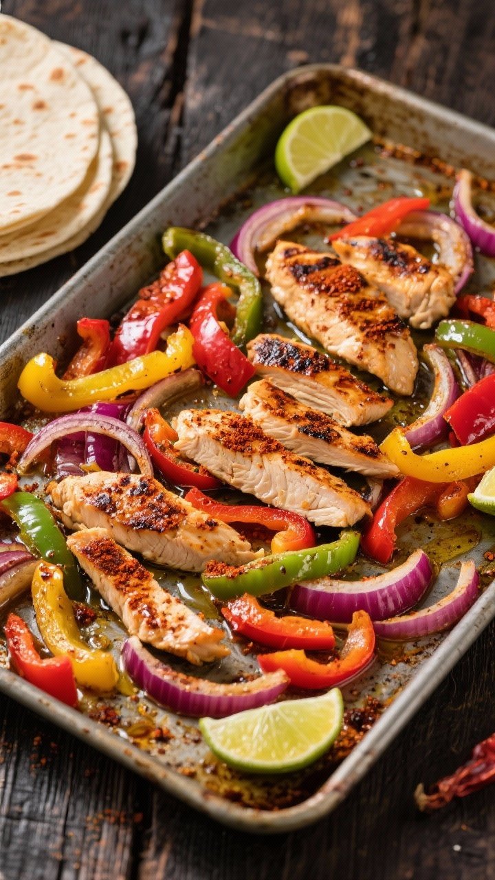 Sheet-pan action shot, overhead: smoky fajita chicken in strips with mixed-color bell peppers (red, yellow, green) and red onion slices charred at the edges, glistening with olive oil, dusted with smoked paprika and chili powder; served on the hot pan with lime wedges and warm tortillas nearby, rustic baking sheet on a dark wood table.