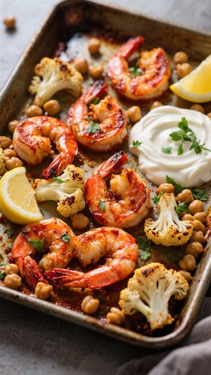 Sheet-pan overhead of Harissa Shrimp With Chickpeas, Cauliflower & Lemon Yogurt: a hot pan fresh from the oven with harissa-coated shrimp curled and slightly charred, roasted cauliflower florets with browned tips, and crispy chickpeas; dollops and swirls of tangy lemon yogurt on the side with extra lemon wedges; parsley sprinkled for freshness; dramatic contrast, crisp edges, vibrant reds and golds.